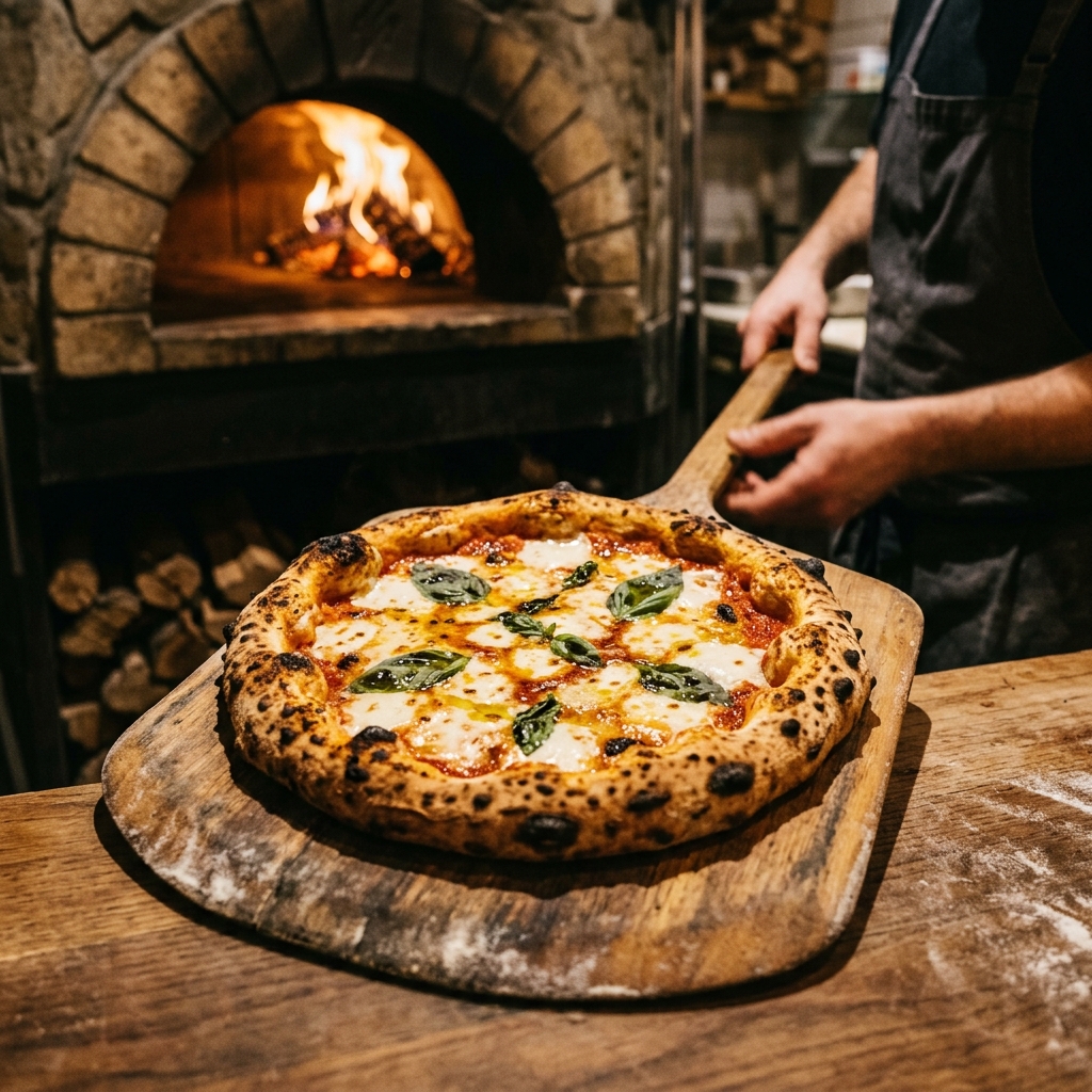 Pizza artesanal saindo do forno a lenha